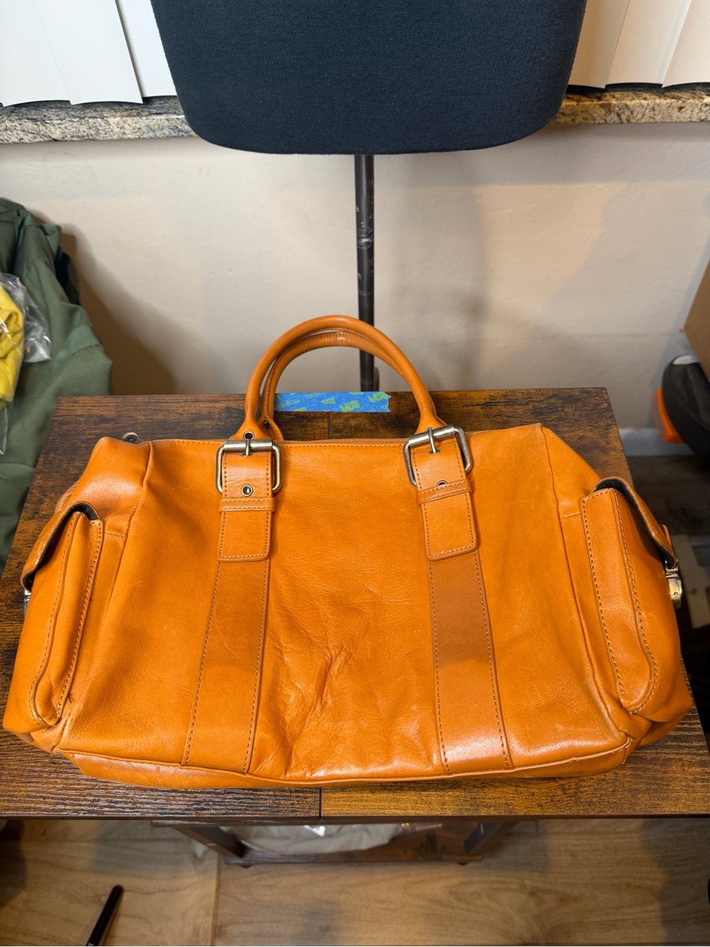 Hype faux leather tan satchel handbag functional side pockets